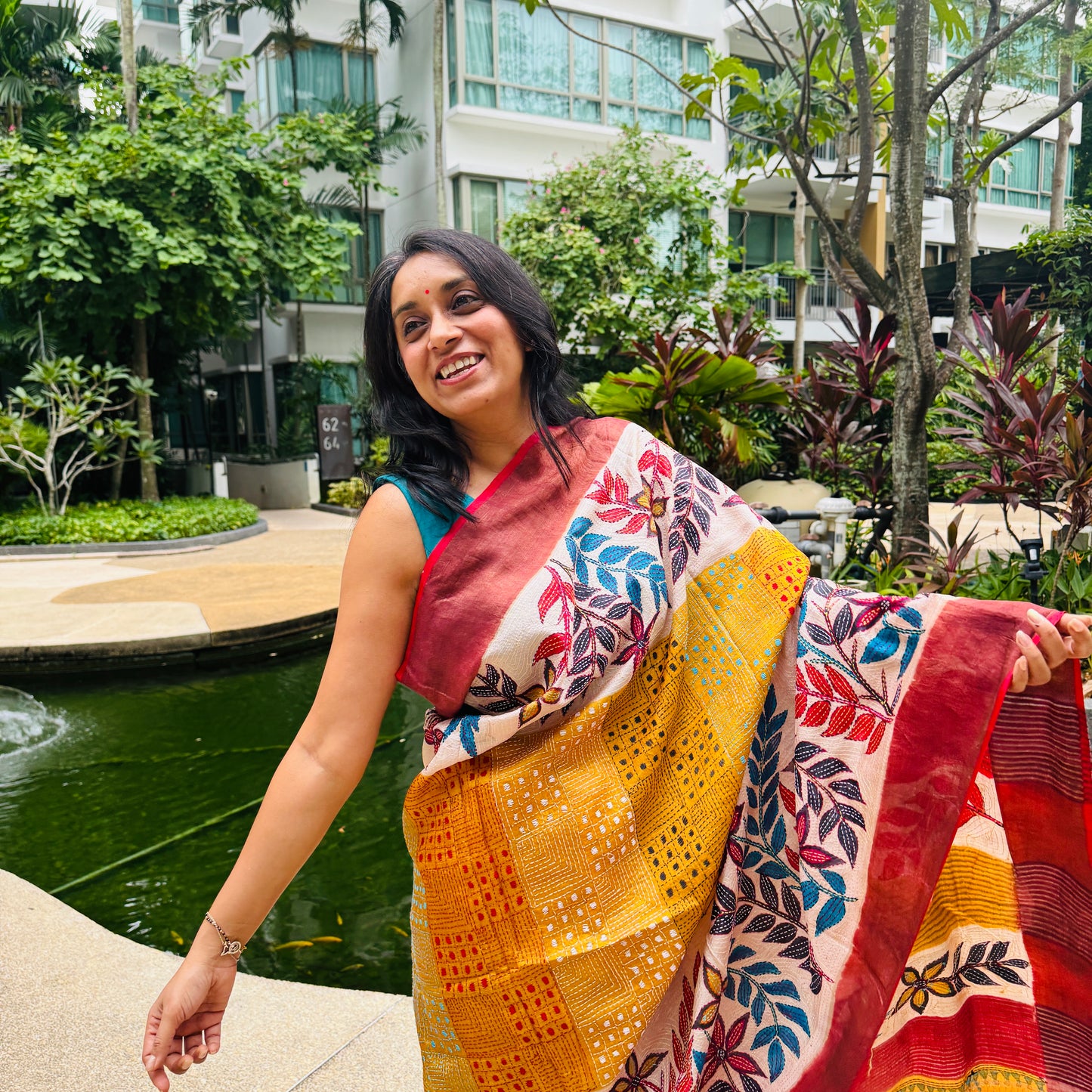 Ruchismita: Yellow Block Print Kantha Tussar Silk Saree
