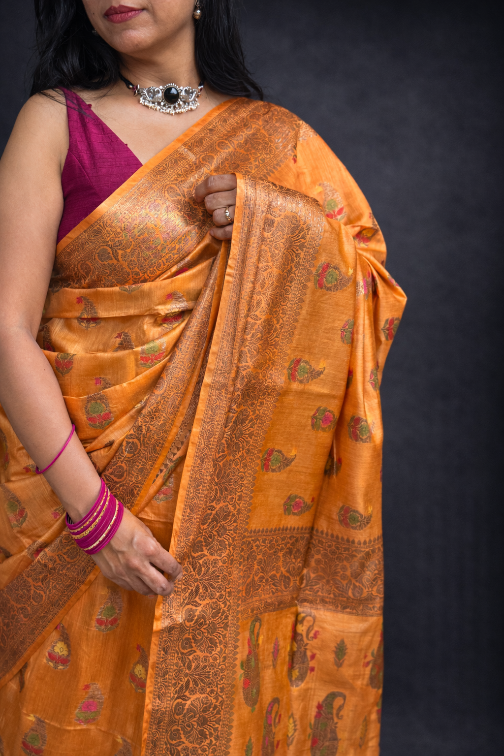 Kesar: Orange Handwoven Munga Tussar Silk Saree