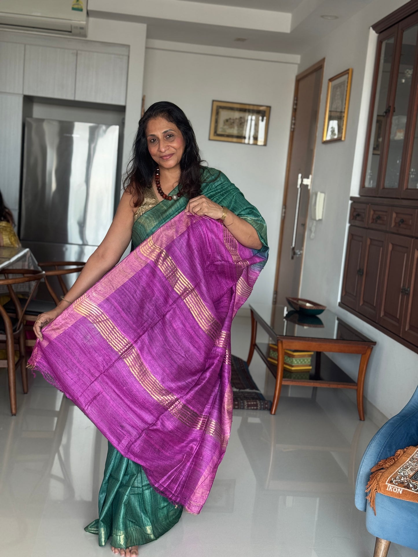Forest Bloom: Green and Pink Ghicha Silk Saree