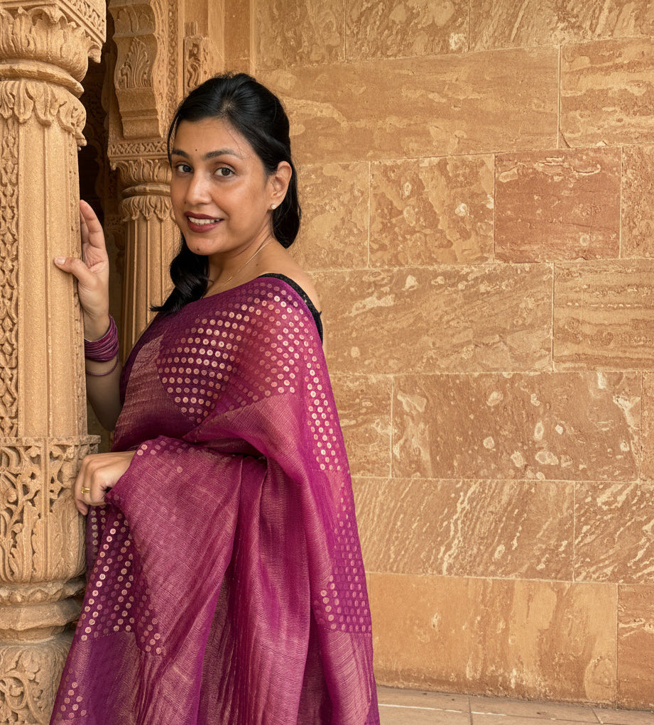 Lavanya: Purple Handwoven Crushed Tissue Saree with Sequins