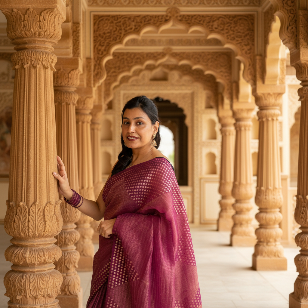 Lavanya: Purple Handwoven Crushed Tissue Saree with Sequins