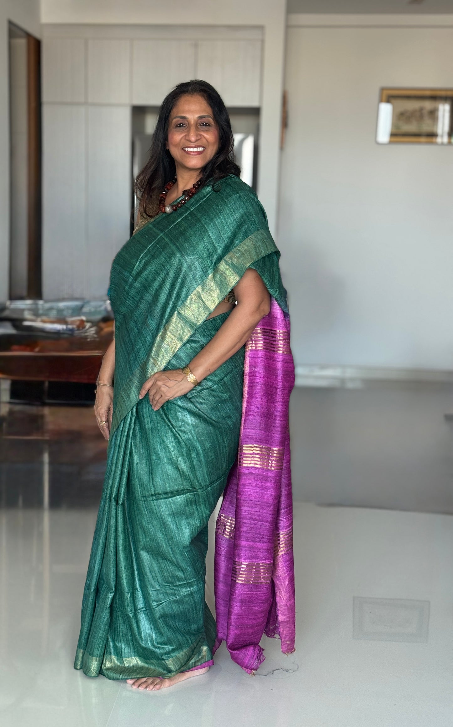 Forest Bloom: Green and Pink Ghicha Silk Saree