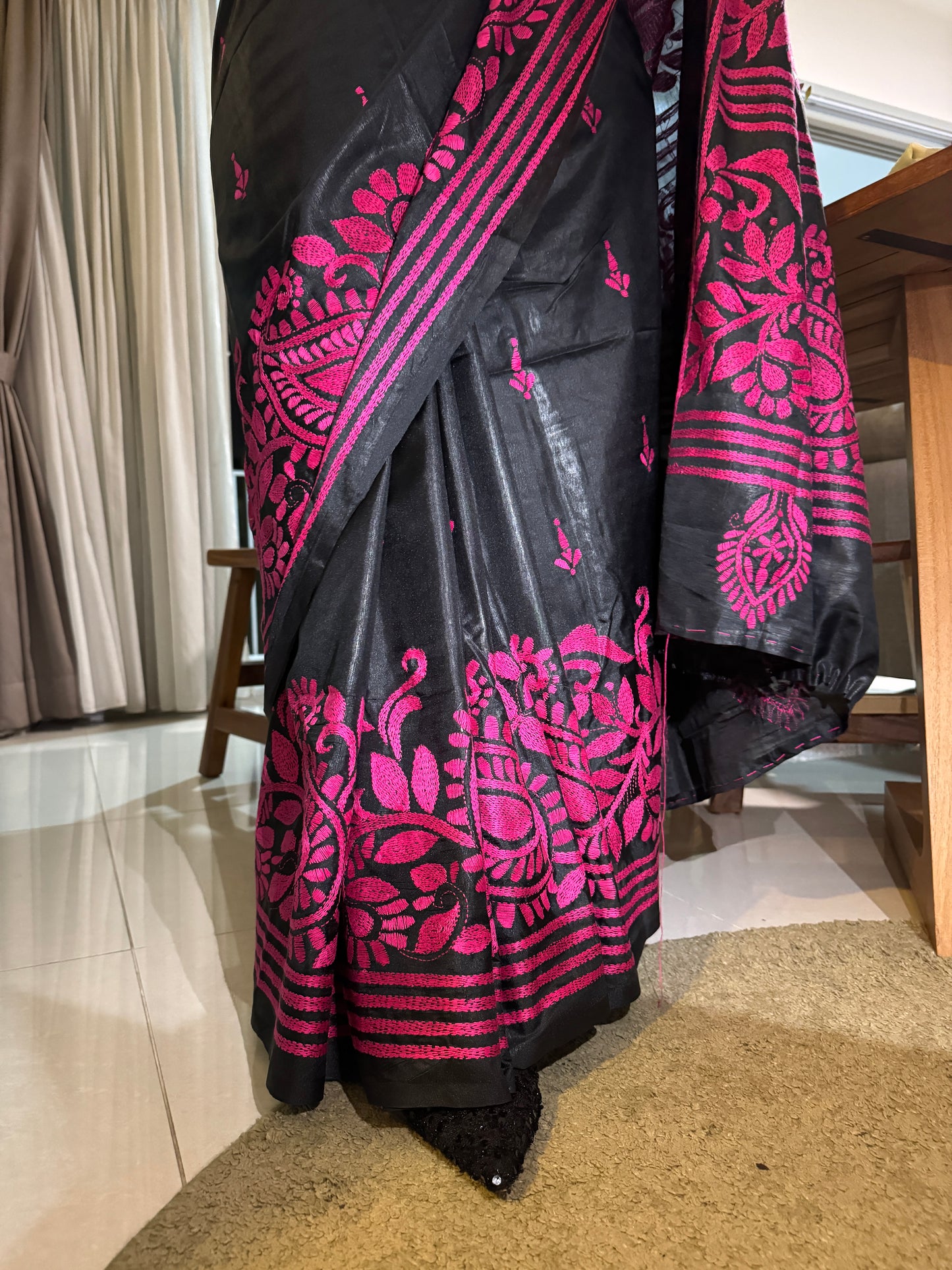 Raatrani: Black and Pink Embroidered Saree