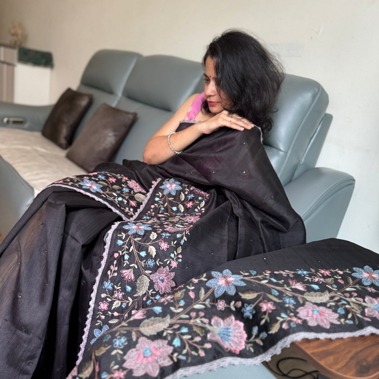 Kaavya: Black  Semi-Silk Embroidered Saree