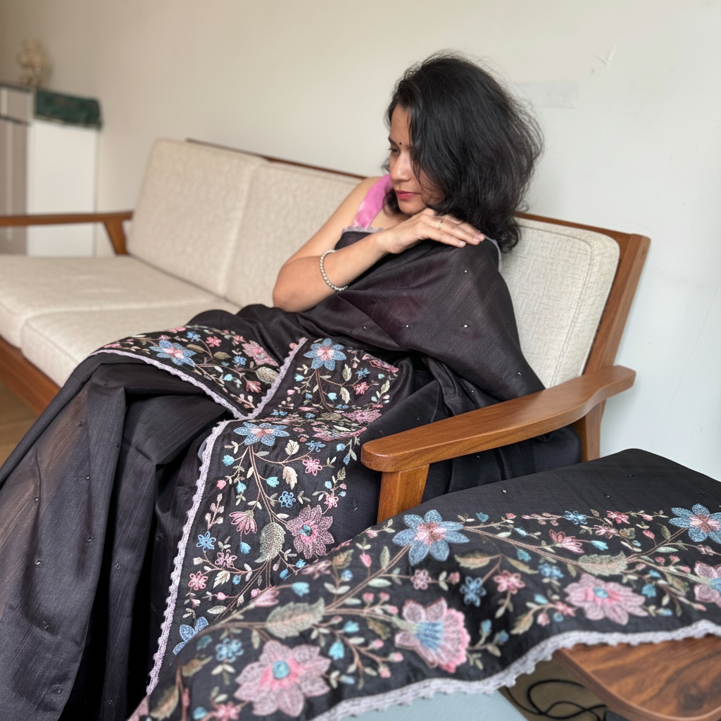 Kaavya: Black  Semi-Silk Embroidered Saree