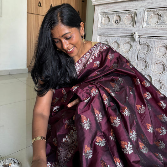 Archita: Maroon Paat-Silk Saree with Silver Zari