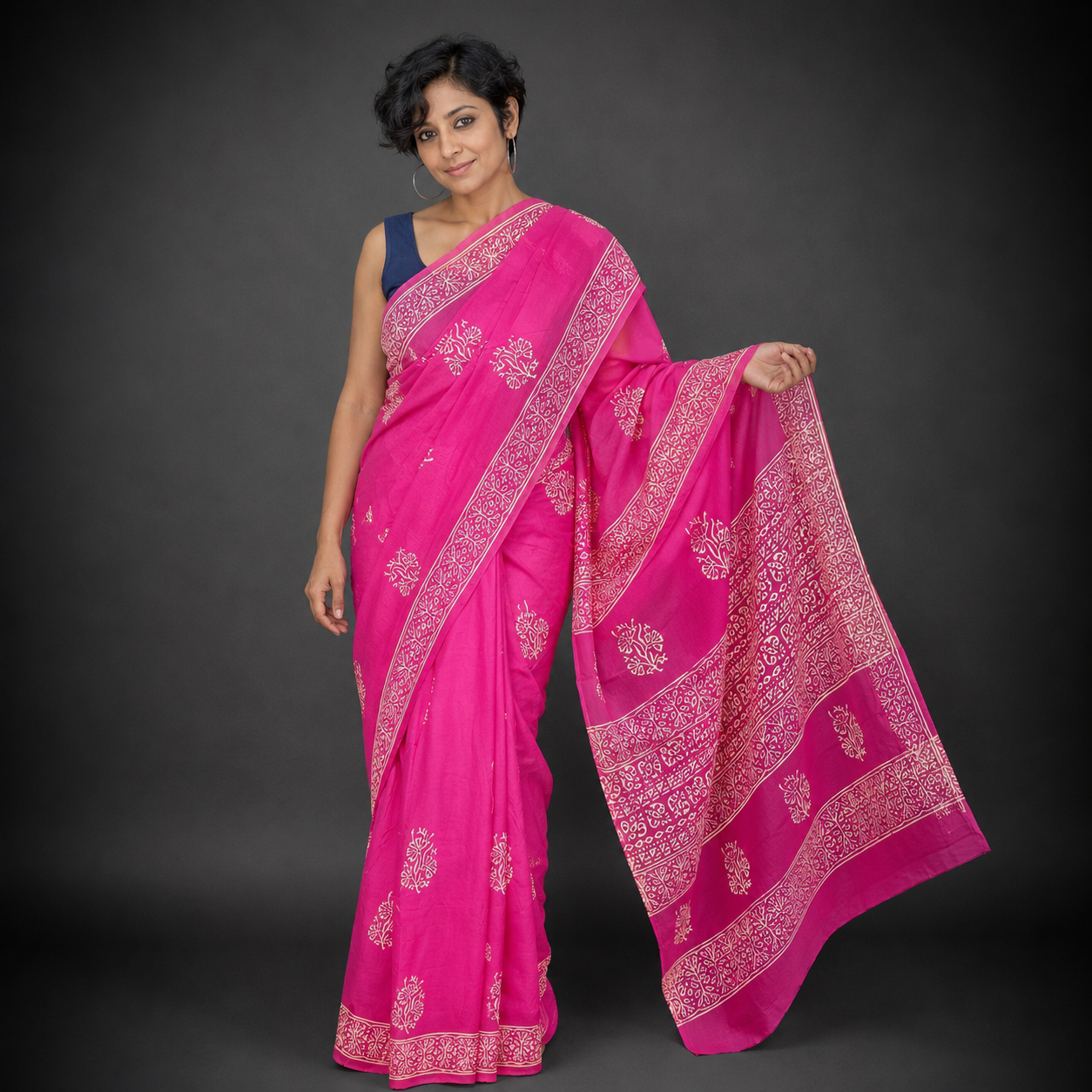 Charulata: Pink Cotton Sanganeri Block Print Saree