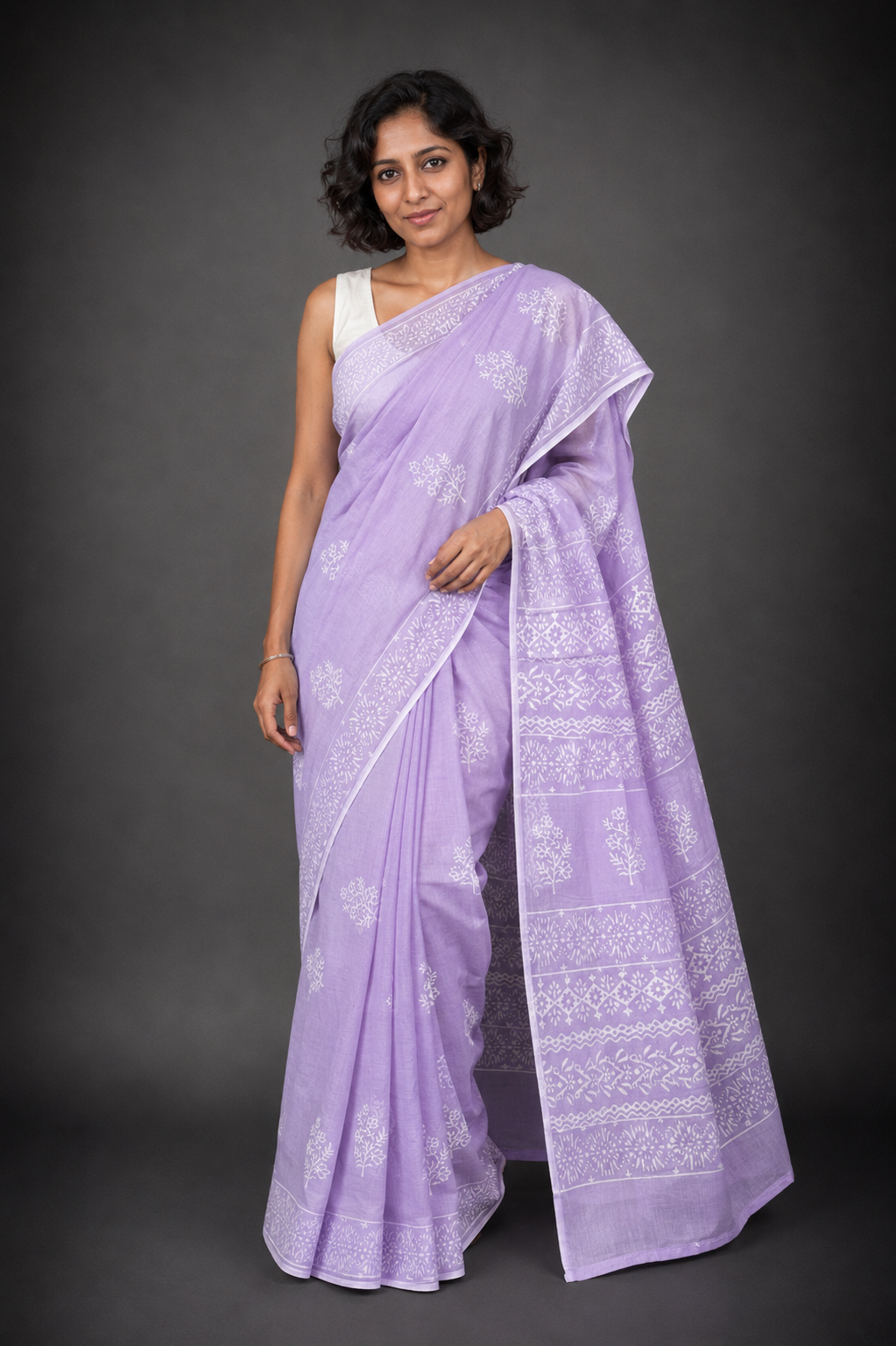 Nandini: Lavender Cotton Sanganeri Block Print Saree