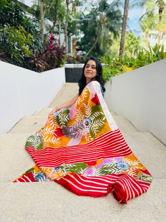 Raunak: Multicolored Batik Hand-painted Tussar Silk Saree