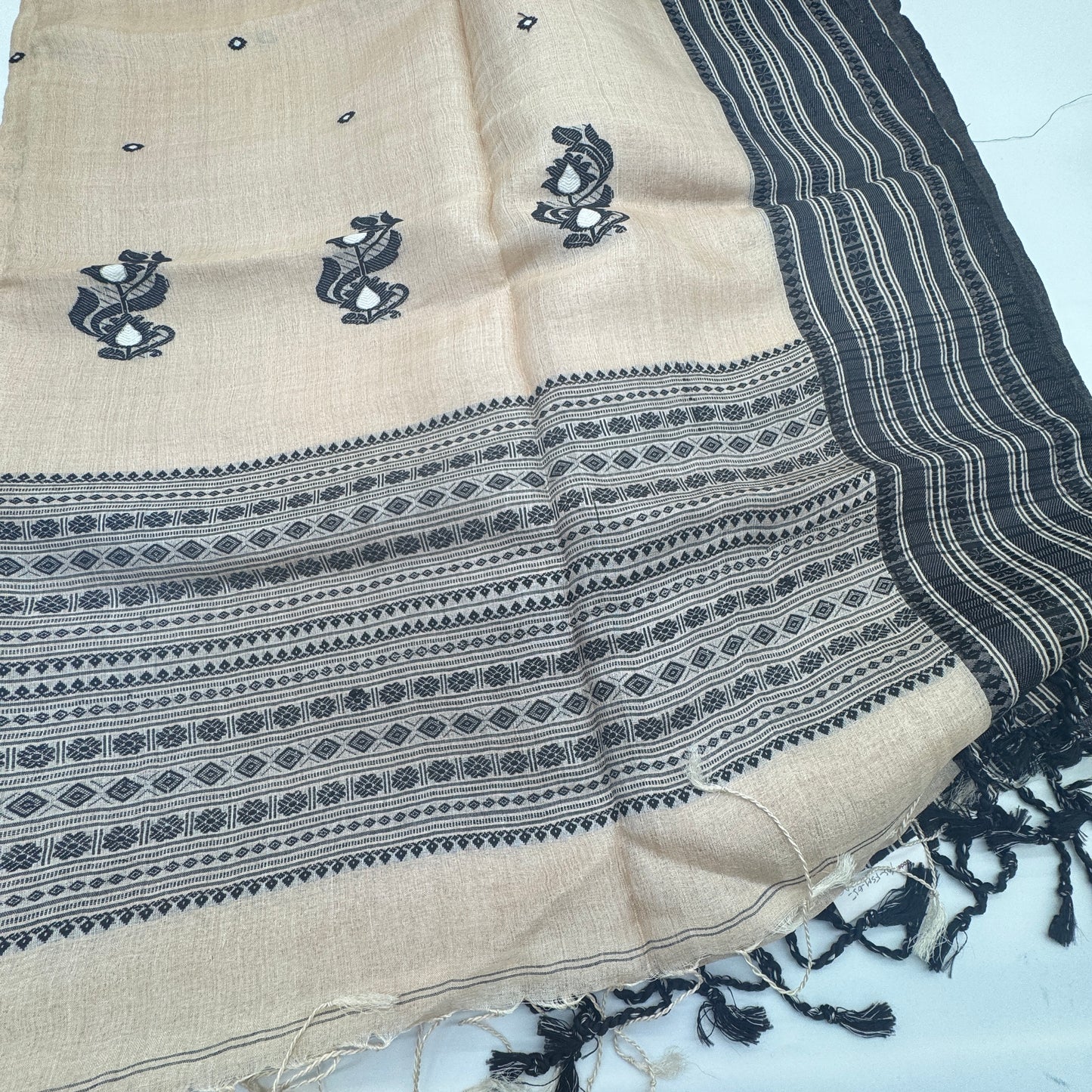 Obsidian: Beige & Black Tussar Silk Saree