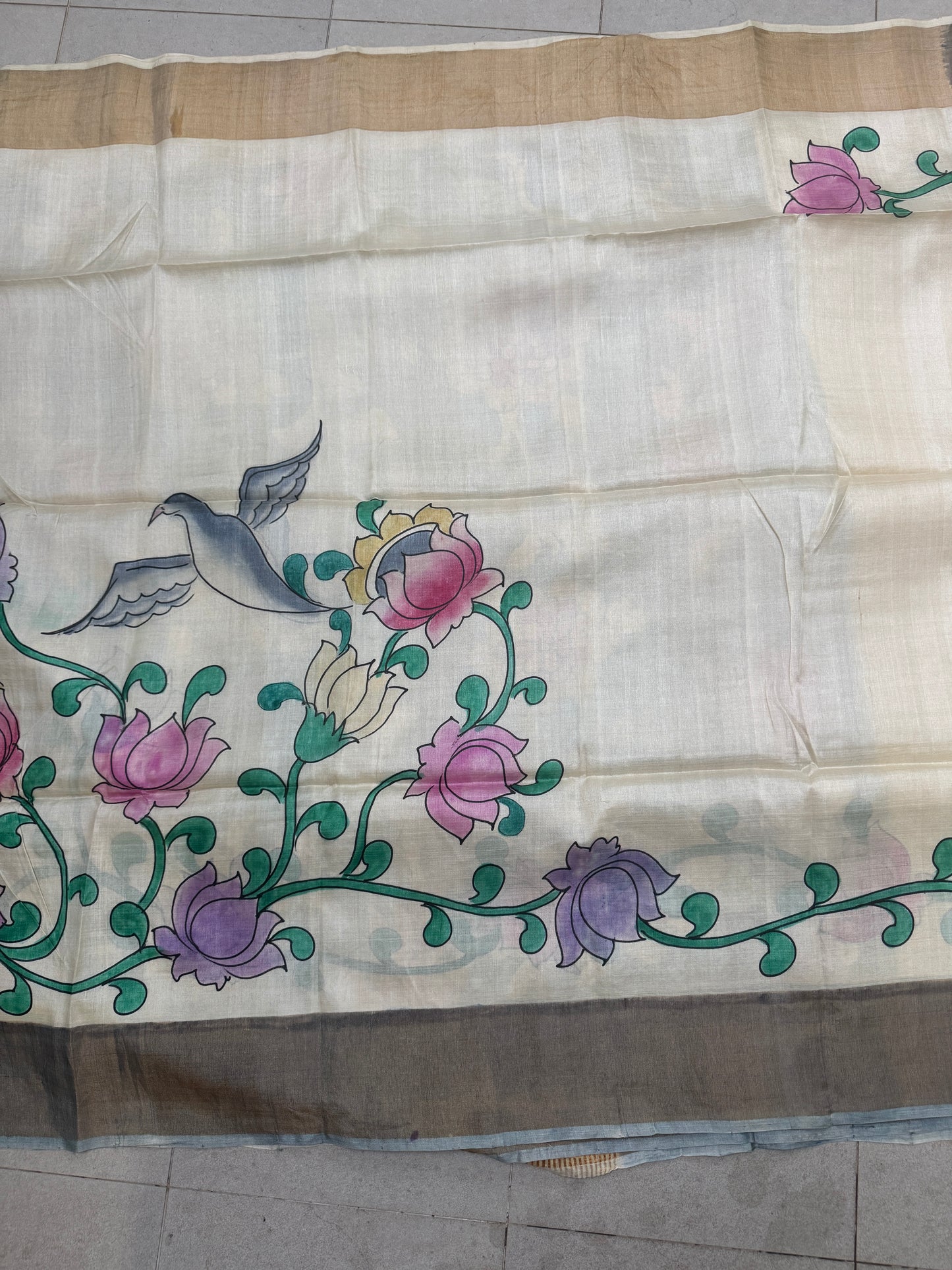 Ivorine: Cream Kalamkari Block Print Tussar Silk Saree