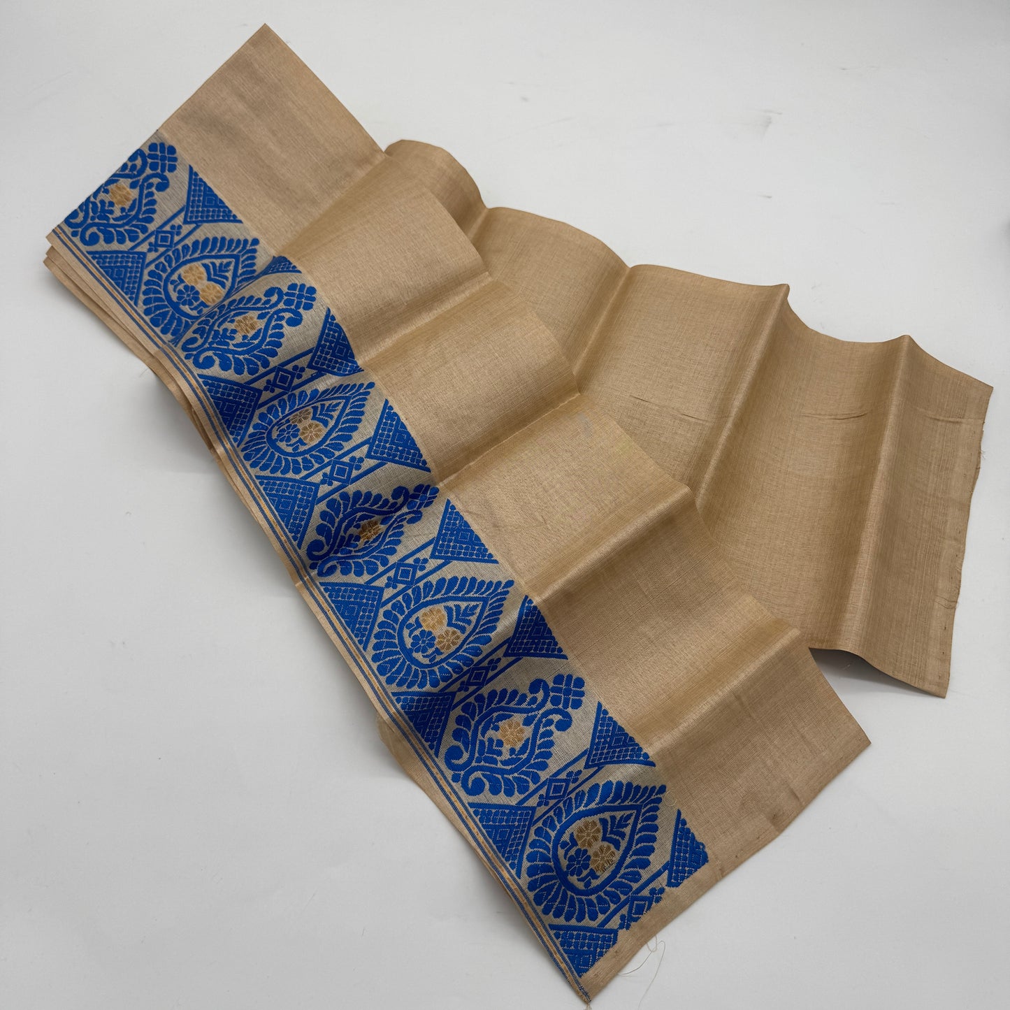 Sona: Beige and Blue Assam Handwoven Tussar Silk Saree