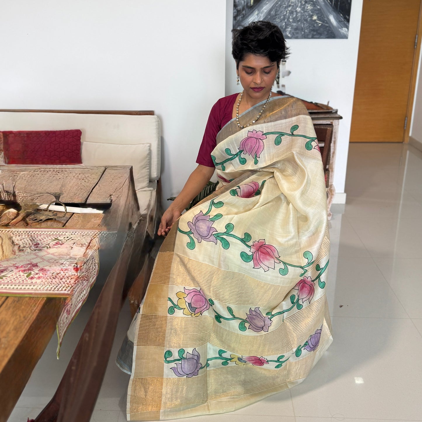 Ivorine: Cream Kalamkari Block Print Tussar Silk Saree