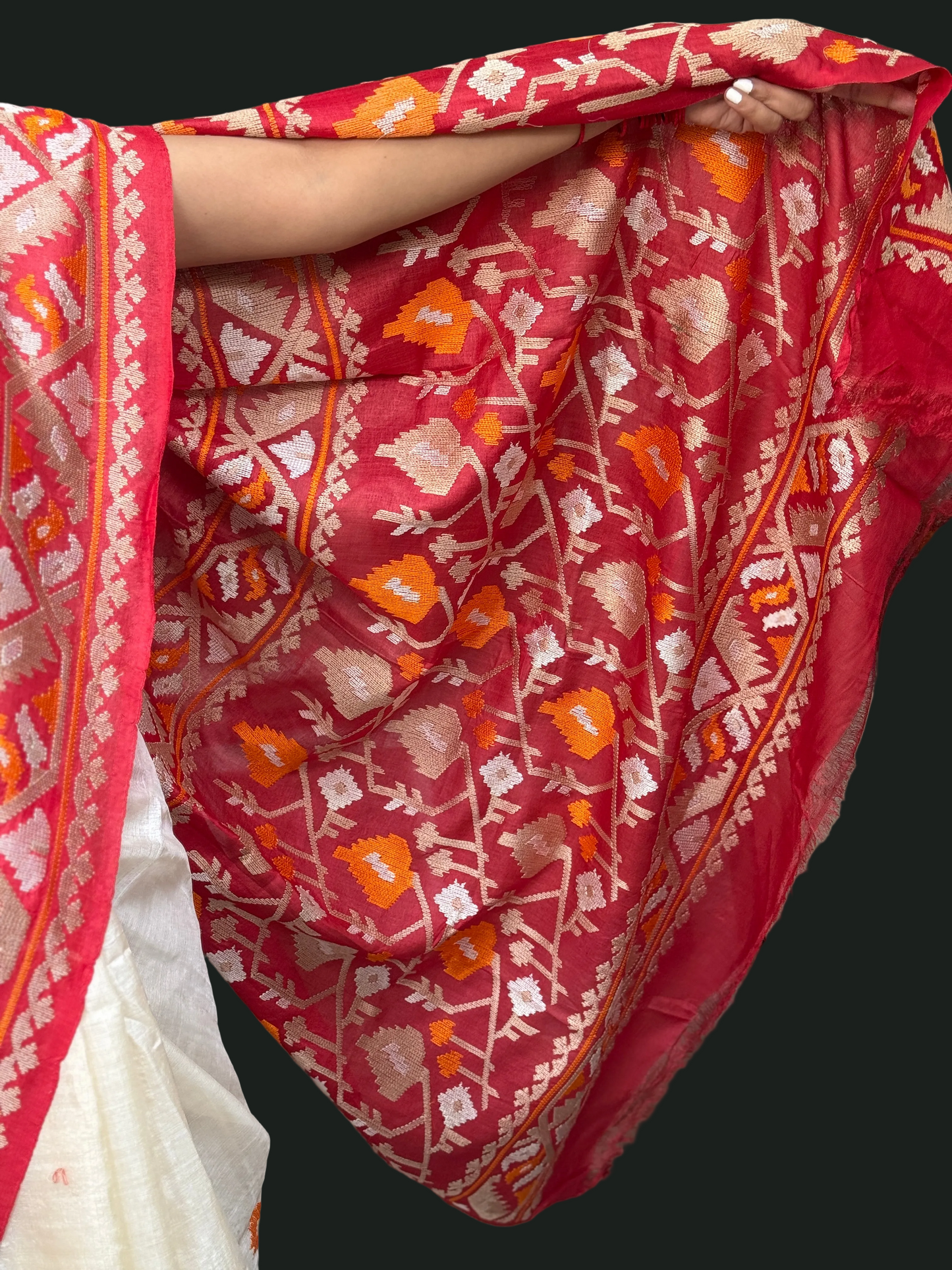 Ashima: White and Red Embroidered Tussar Silk Saree
