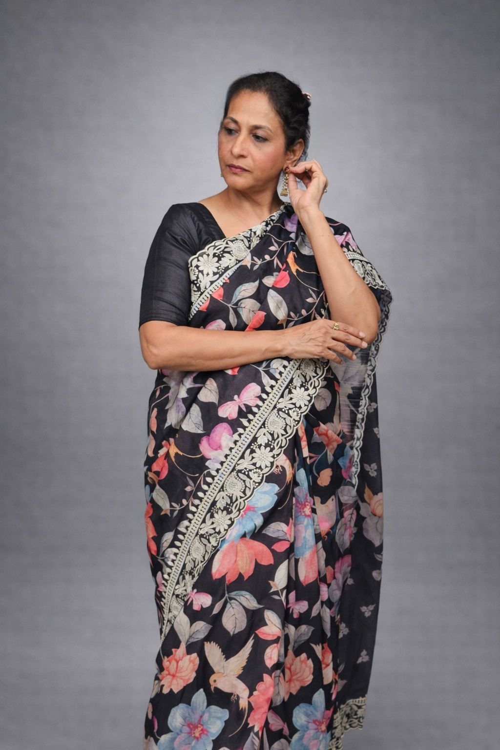 Nishika: Black Floral Blended Silk Saree