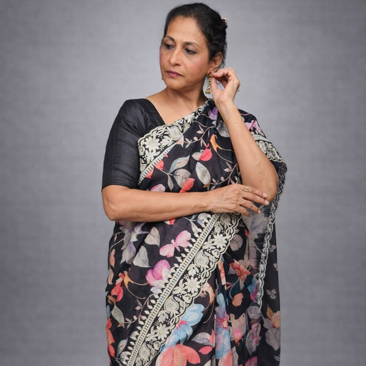 Nishika: Black Floral Semi-Silk Saree