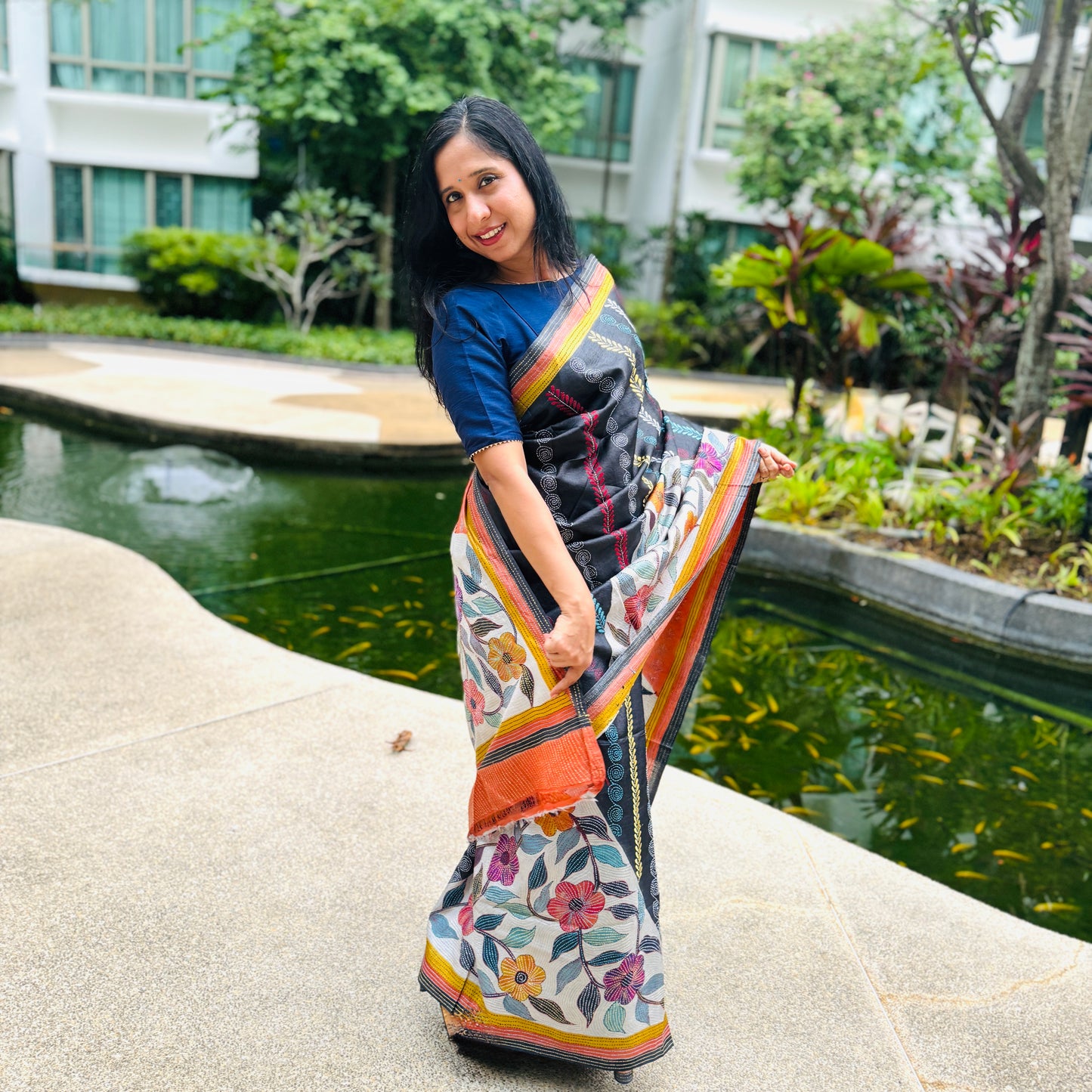 Neharika: Rust and Black block print Kantha Tussar Silk Saree