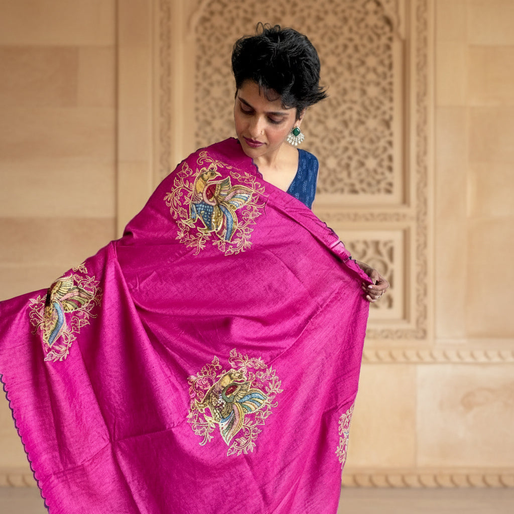 Duskrose: Pink Tussar Silk Saree with Kalamkari Appliqué