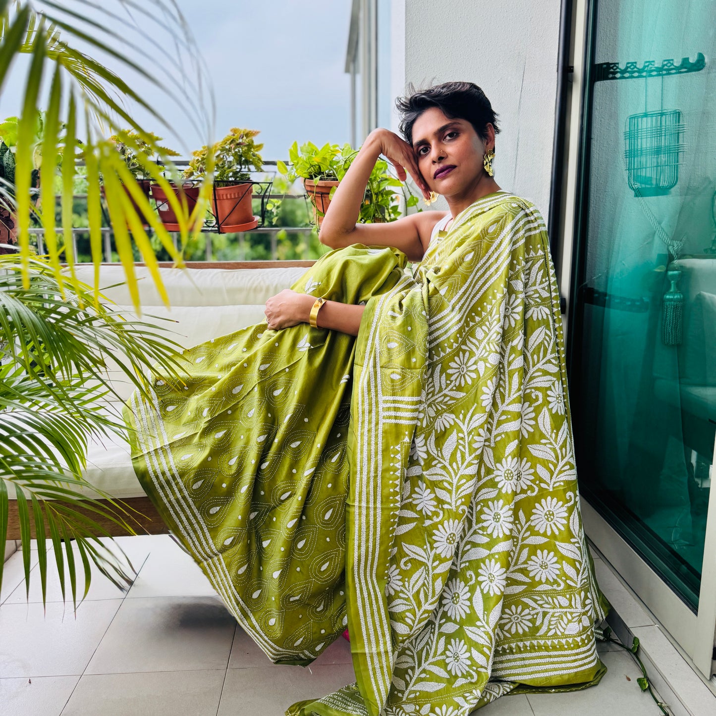 Verdant: Green Kantha Embroidered Saree