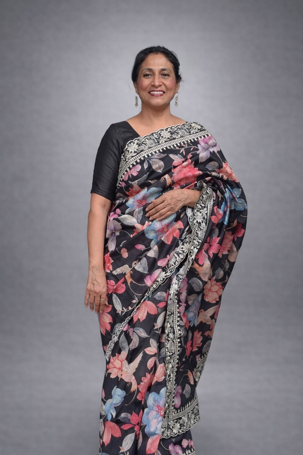 Nishika: Black Floral Blended Silk Saree