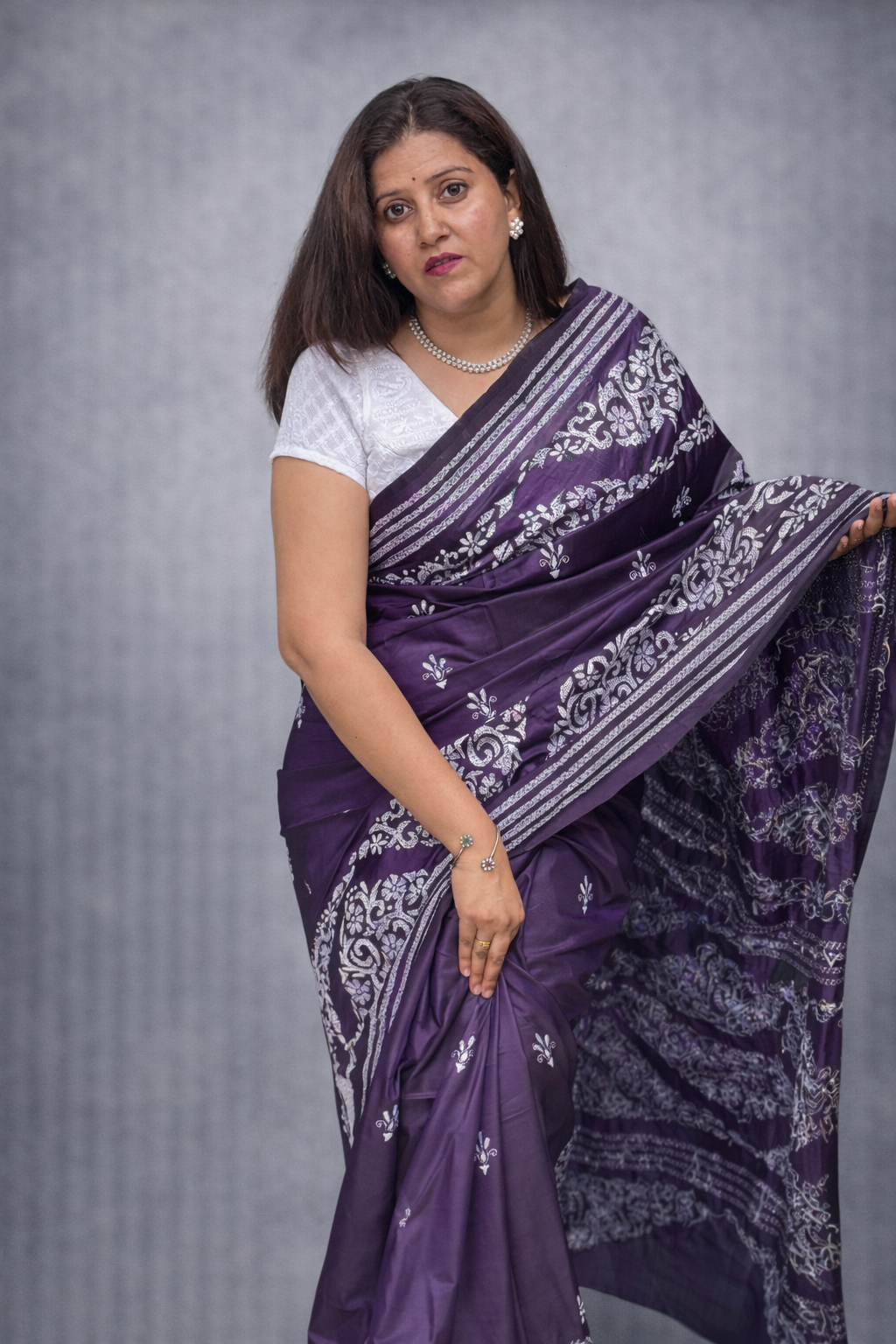Smita: Blue Hand-Embroidered Semi-Silk Kantha Saree