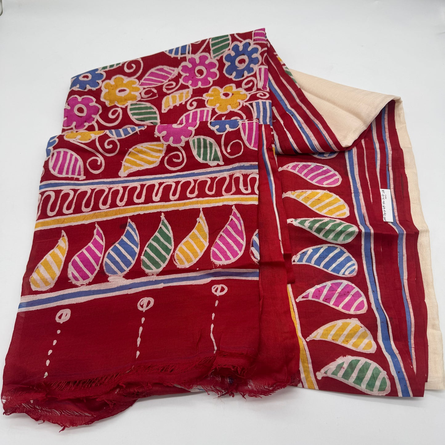 Vrinda: White & Red Batik Tussar Silk Saree