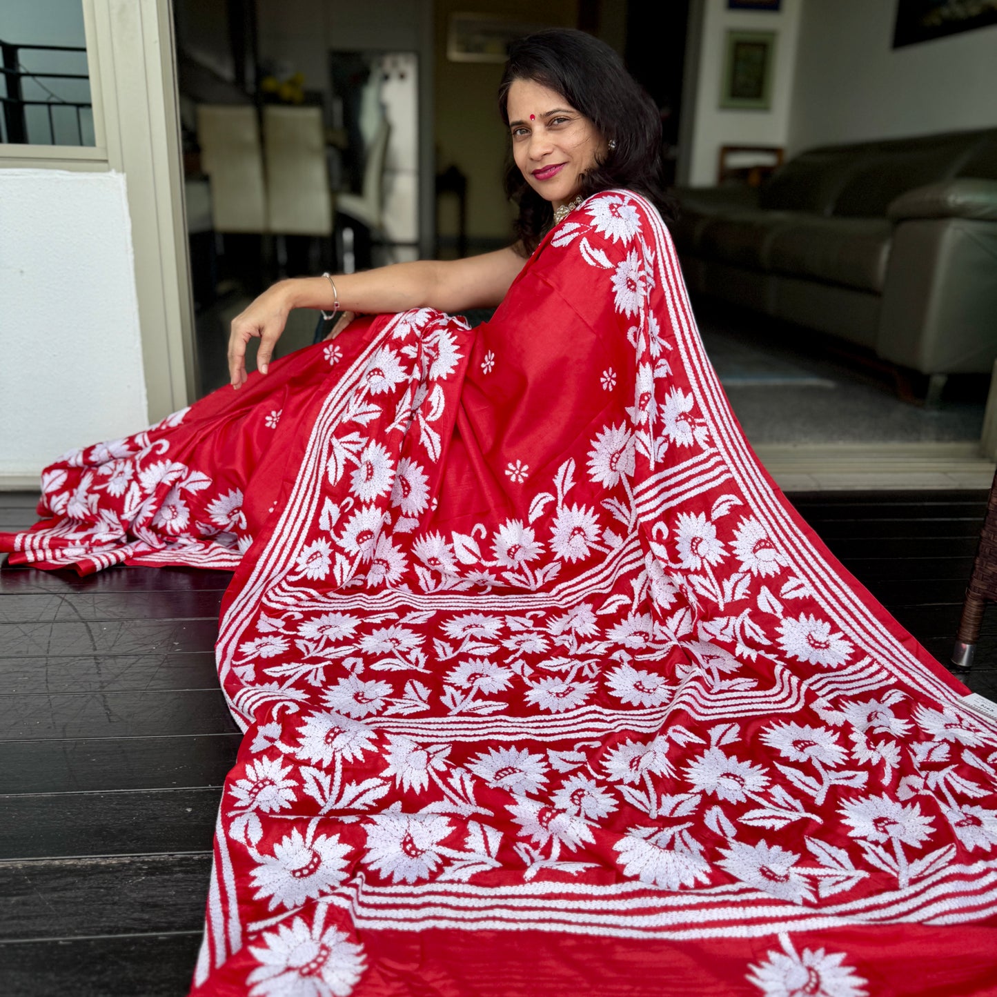 Scarlet: Red Kantha Art Silk Saree