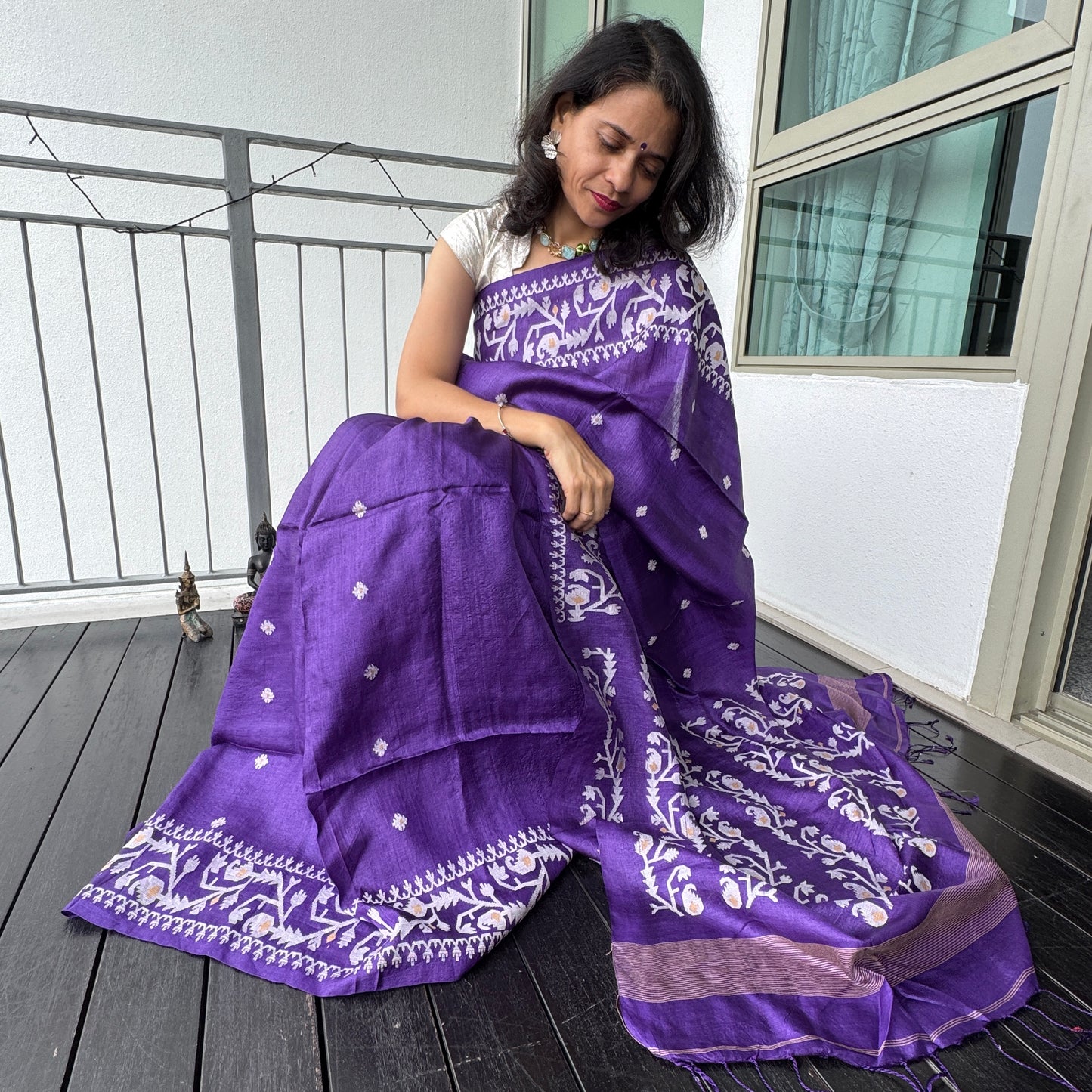 Amethyst: Purple Tussar Silk Jamdani Saree