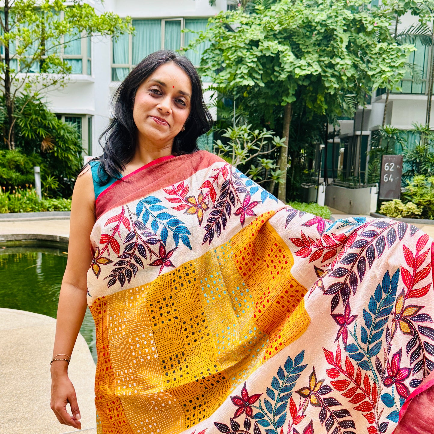 Ruchismita: Yellow Block Print Kantha Tussar Silk Saree