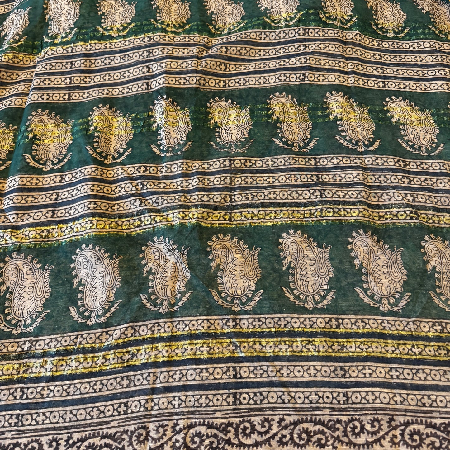 Debolina: Green Linen Sanganeri Block Print Saree