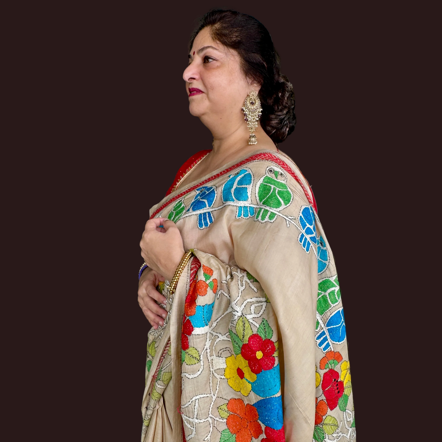 Vasudha: Beige Tussar Silk Kantha Saree