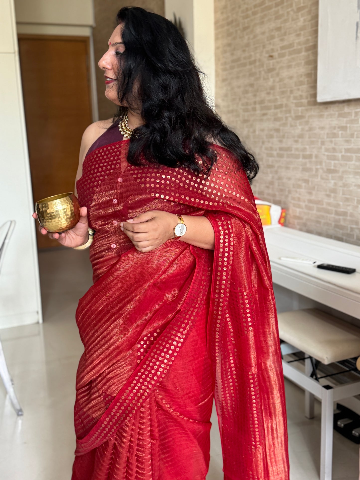 Diva: Red Tissue Handwoven Muslin Sequins Saree