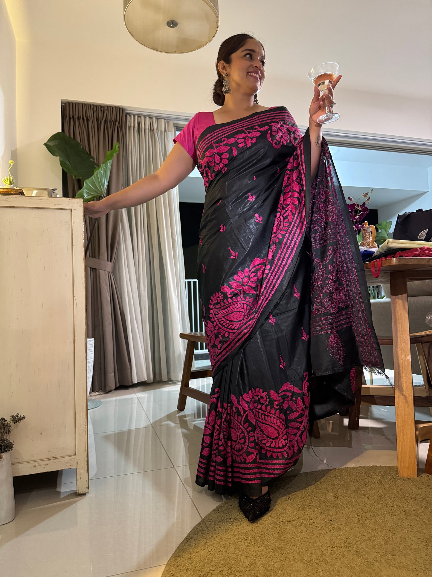 Raatrani: Black and Pink Embroidered Saree