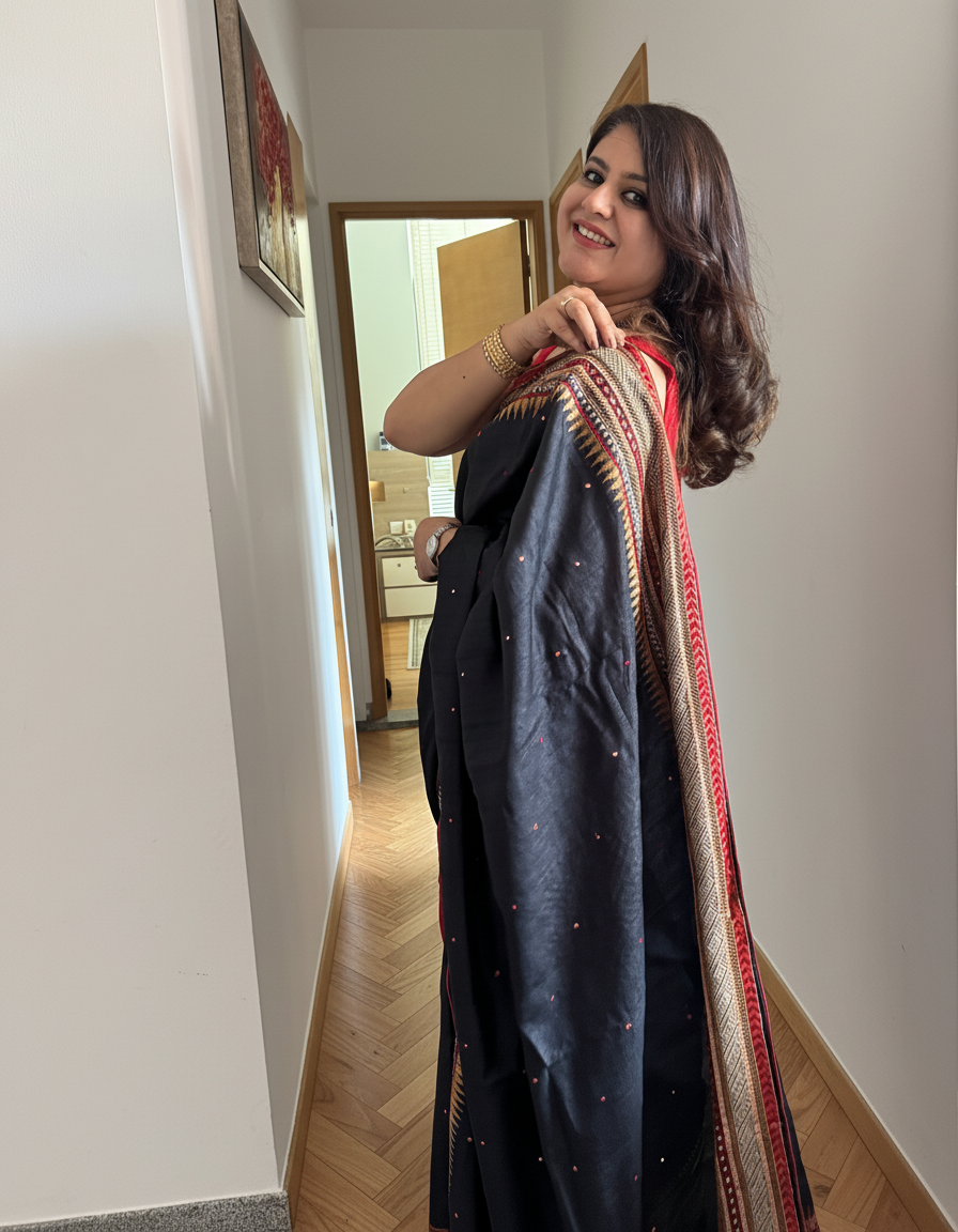 Neeraja: Black Embroidered Tussar Silk Saree