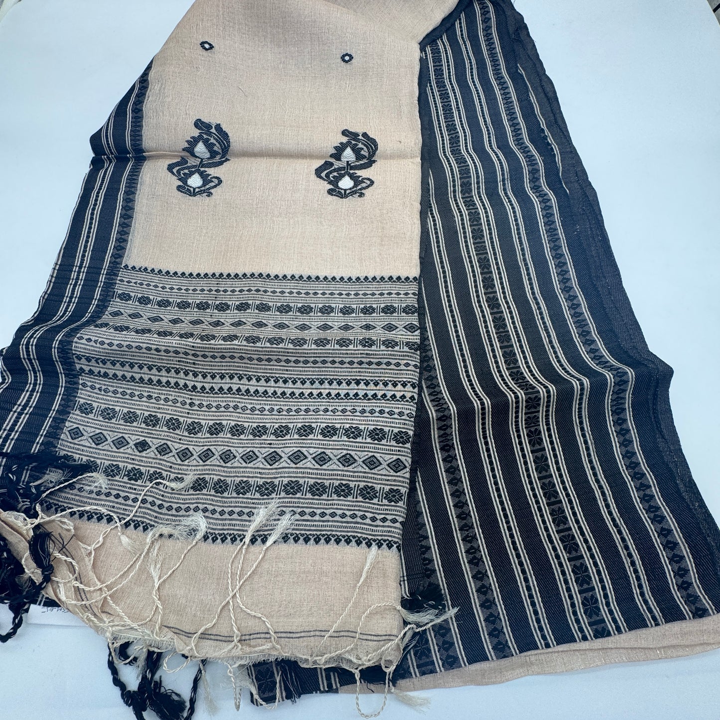Obsidian: Beige & Black Tussar Silk Saree