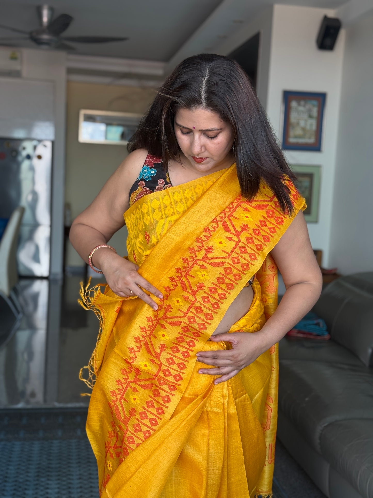 Shobha: Yellow Handwoven Tussar Silk Saree