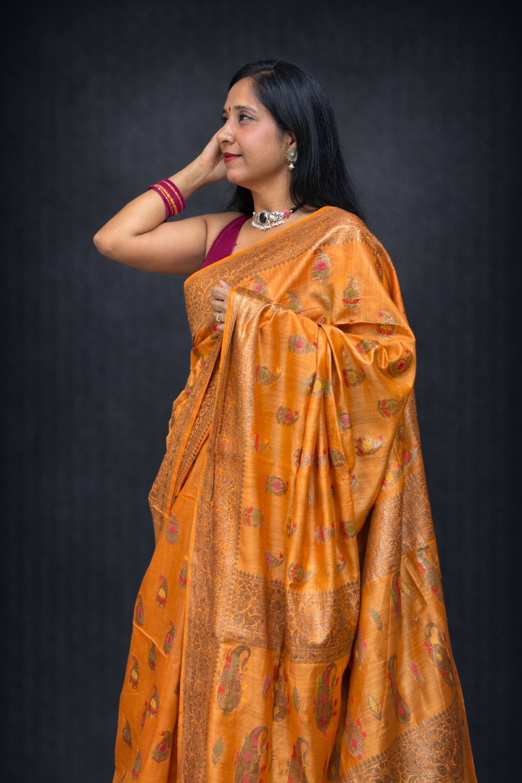 Kesar: Orange Handwoven Munga Tussar Silk Saree