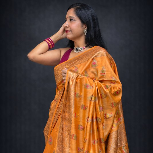 Kesar: Orange Handwoven Munga Tussar Silk Saree