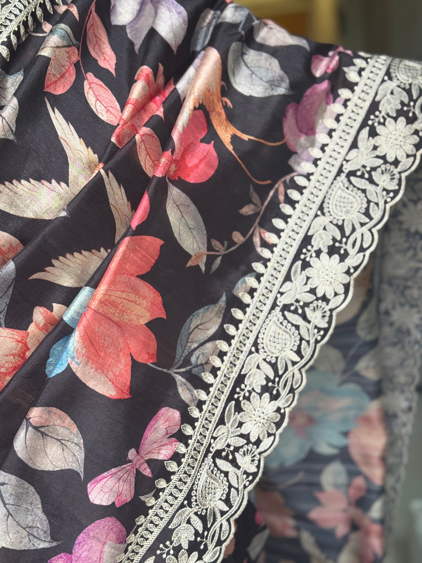 Nishika: Black Floral Blended Silk Saree