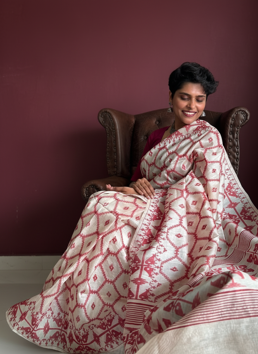 Ivoryfire: White Tussar Silk Jamdani Saree