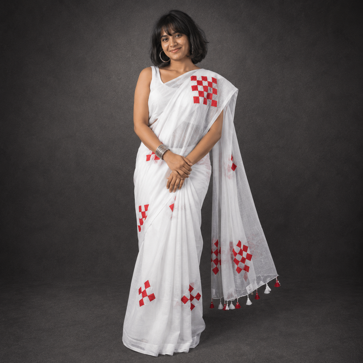 Anuradha: White Mul Cotton Saree with Red Appliqué