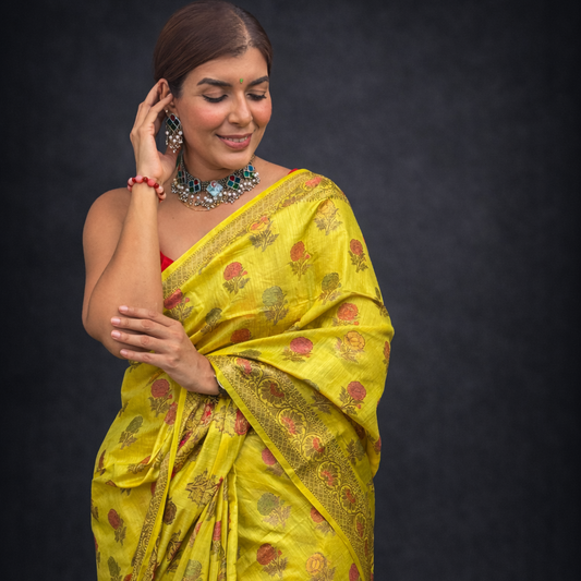 Diya: Lime Green Handwoven Munga-Tussar Silk Saree