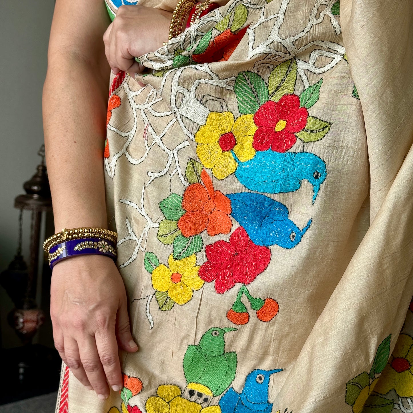 Vasudha: Beige Tussar Silk Kantha Saree