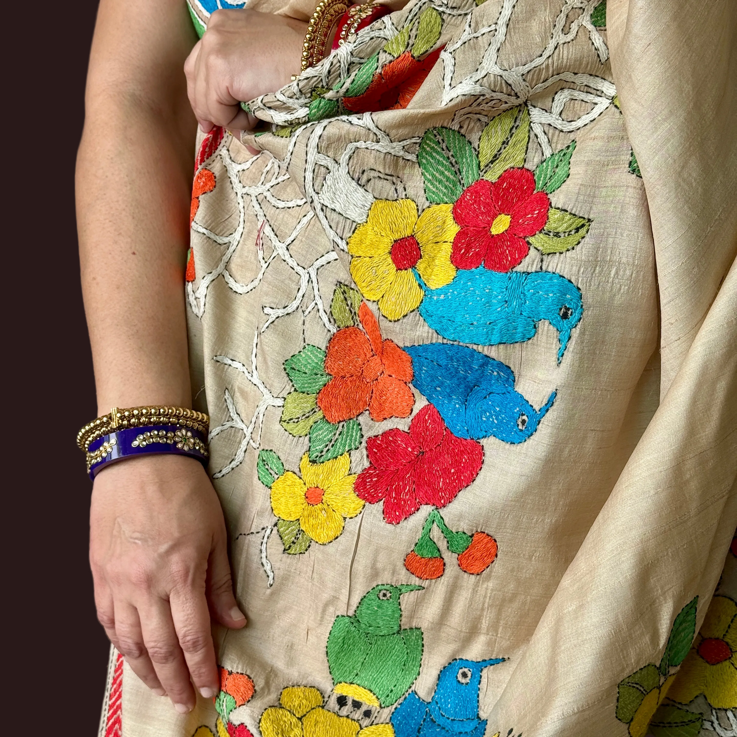 Vasudha: Beige Tussar Silk Kantha Saree
