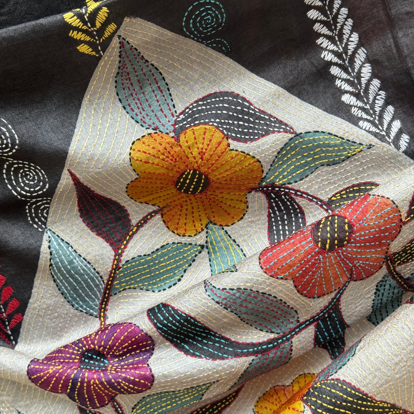 Neharika: Rust and Black block print Kantha Tussar Silk Saree