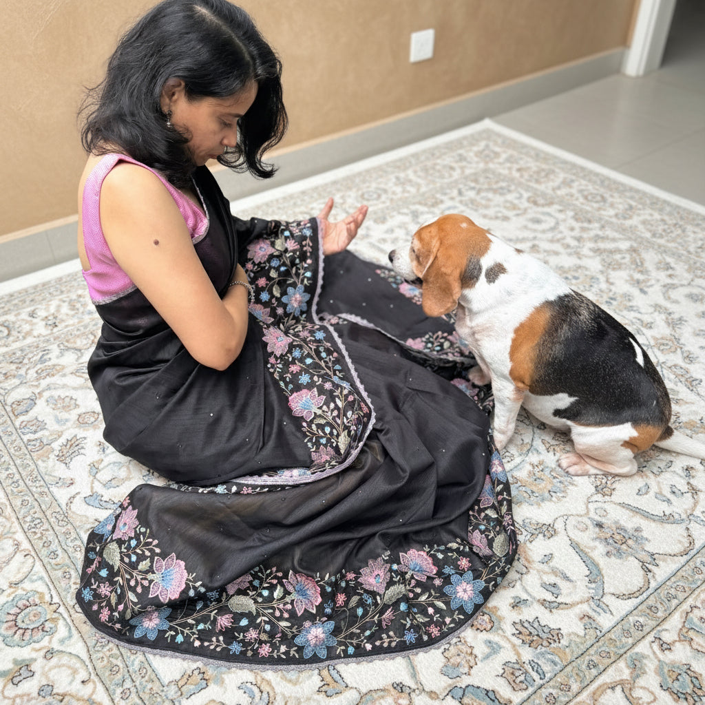 Kaavya: Black  Semi-Silk Embroidered Saree