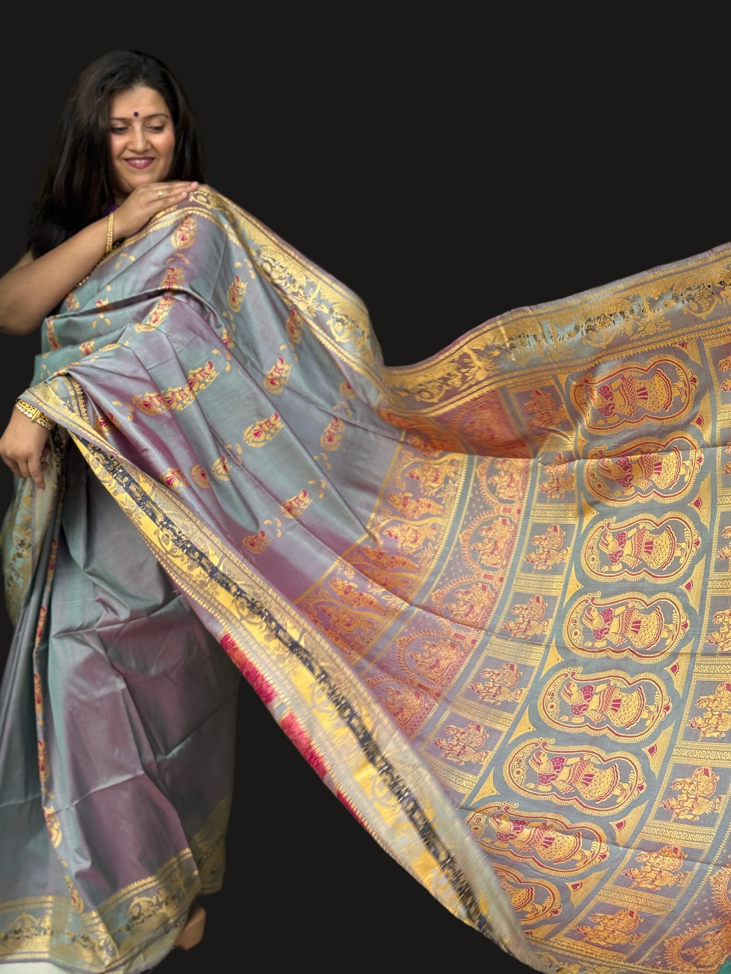 Aparna: Grey Handwoven Katan Silk Baluchari Saree