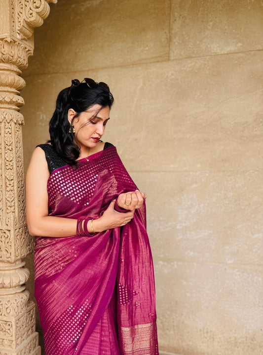 Lavanya: Purple Handwoven Crushed Tissue Saree with Sequins