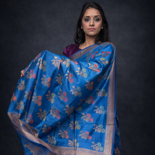 Kaneesha: Blue Handwoven Munga-Tussar Silk Saree