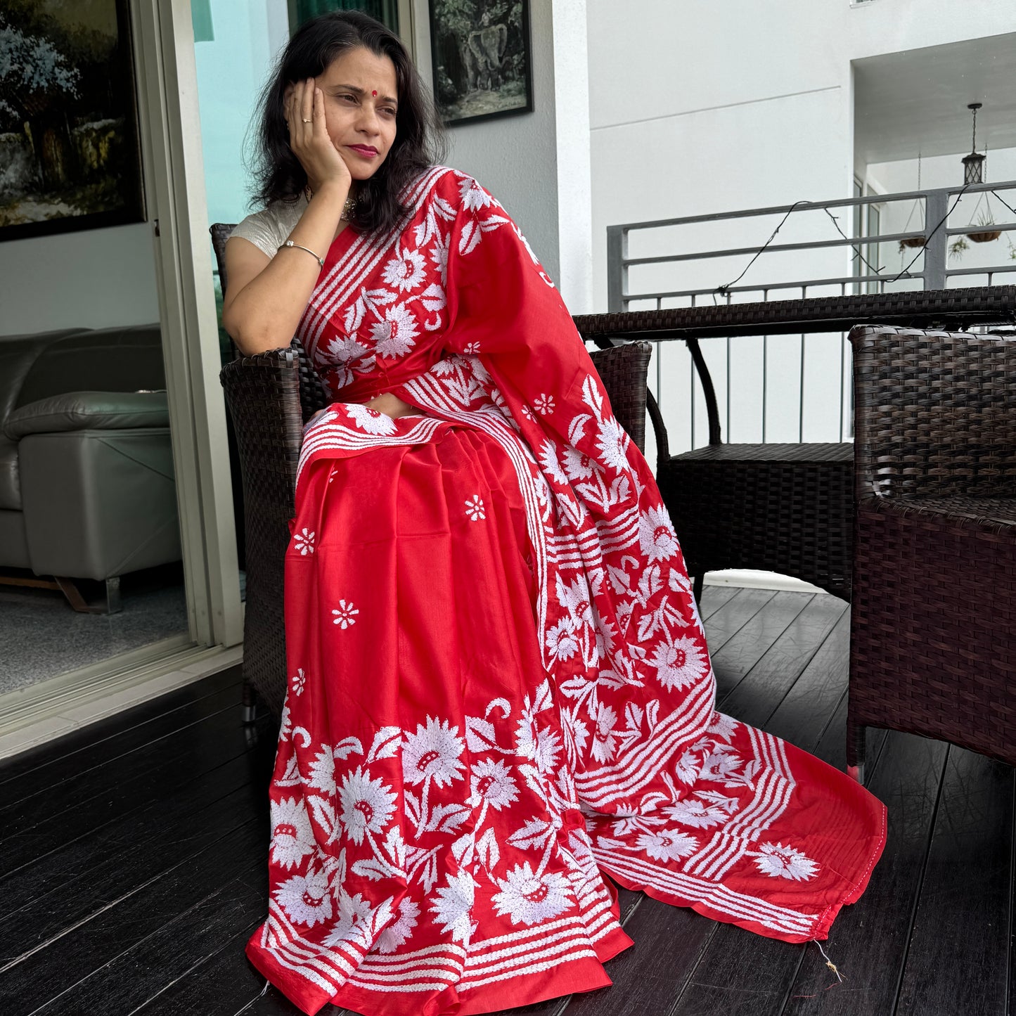 Scarlet: Red Kantha Art Silk Saree